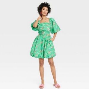 green floral puff sleeve bubble cutout dress